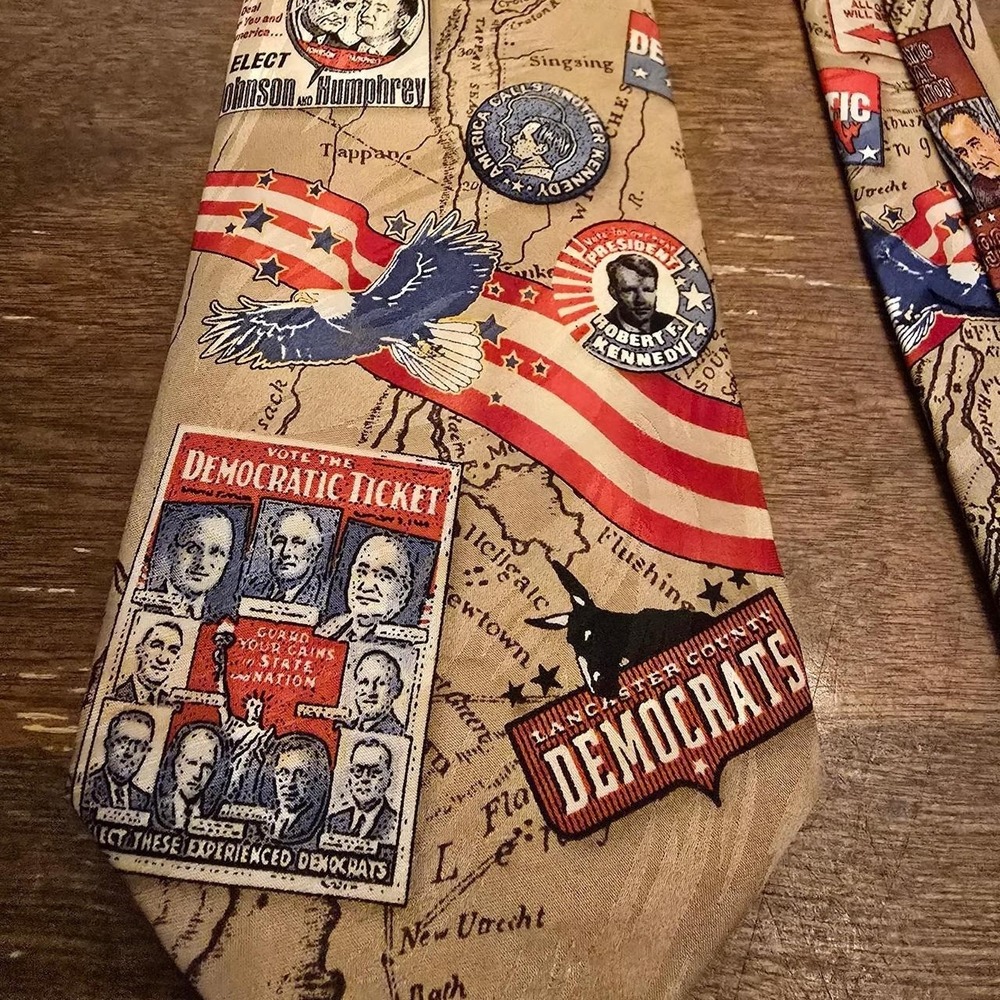 Vintage Democratic Party All Over Print Silk Necktie JFK RFK LBJ Novelty - Picture 2 of 5